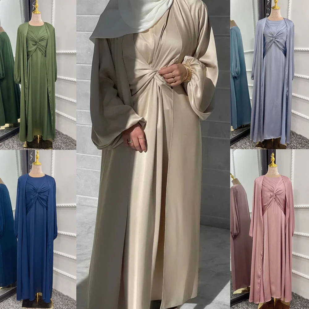 Ramadan Eid Suits Women Abaya Dubai Two pieces Muslim Sets Dress Abaya Dubai Turkey Muslim Islam Abayas Satin Party Evening Gown