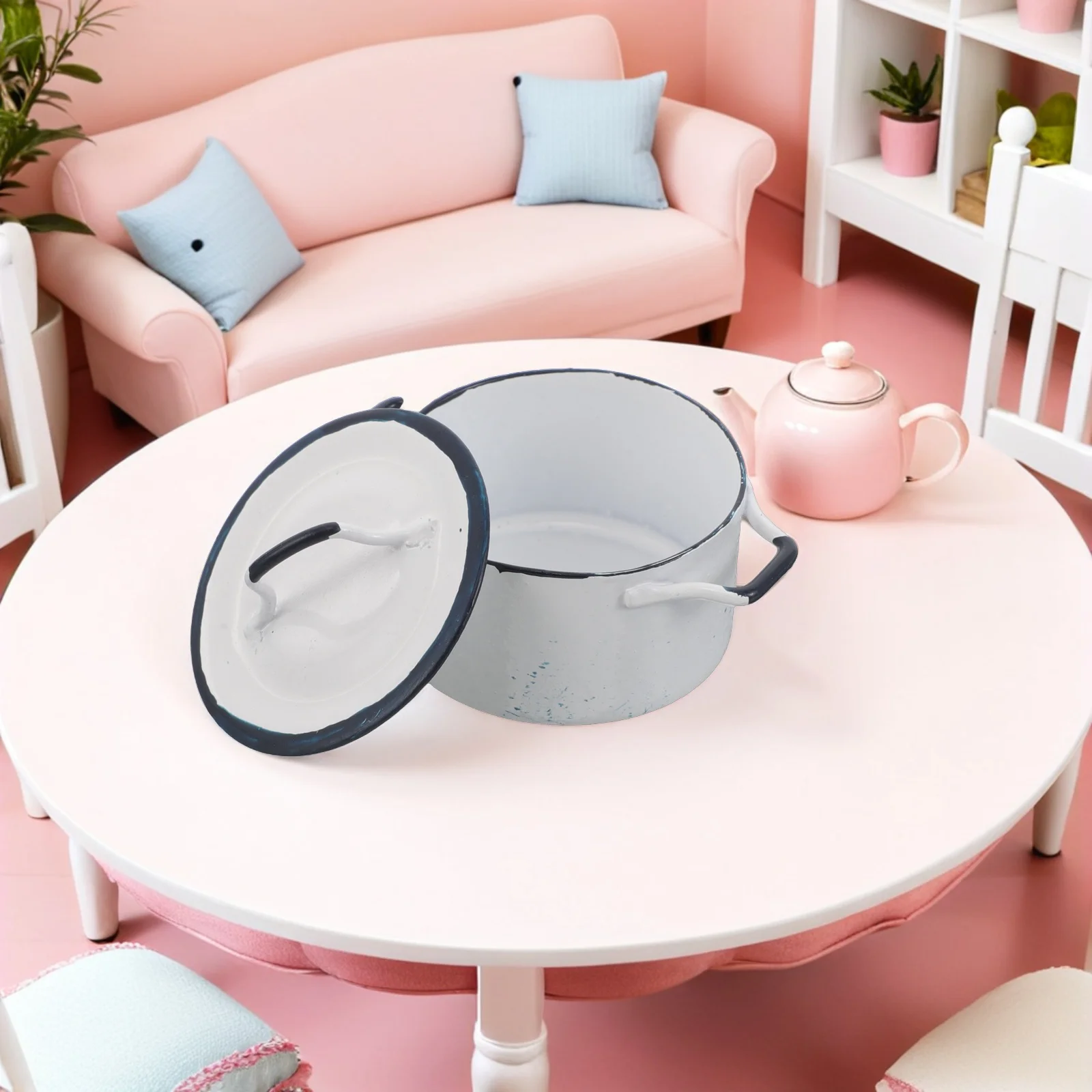2 Stuks Miniatuur Kookgerei 1:12 Schaal Blauw-Edge Witte Saus Pot Poppenhuis Accessoires Spelen Keuken Scène Decoratie Koken