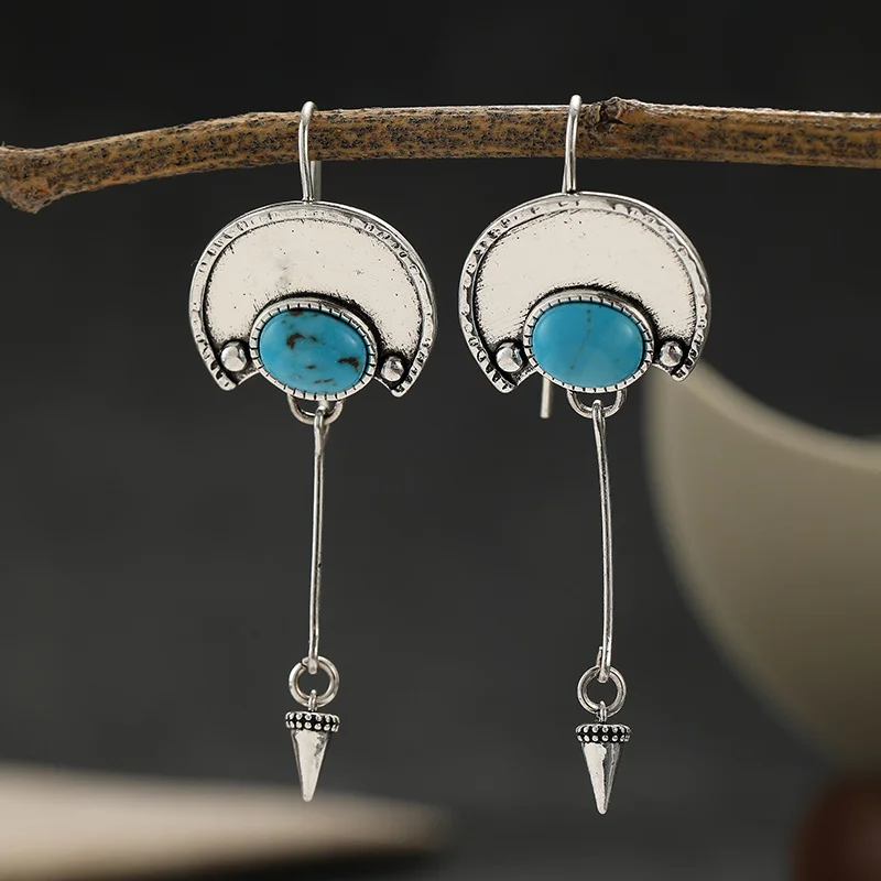 Vintage Halbkreisförmige Lange Anhänger-Ohrringe mit Imitations-Türkis-Einlage, Lässiger Bohemian-Stil, Nischen-Ohrringe, Retro-Schmuck