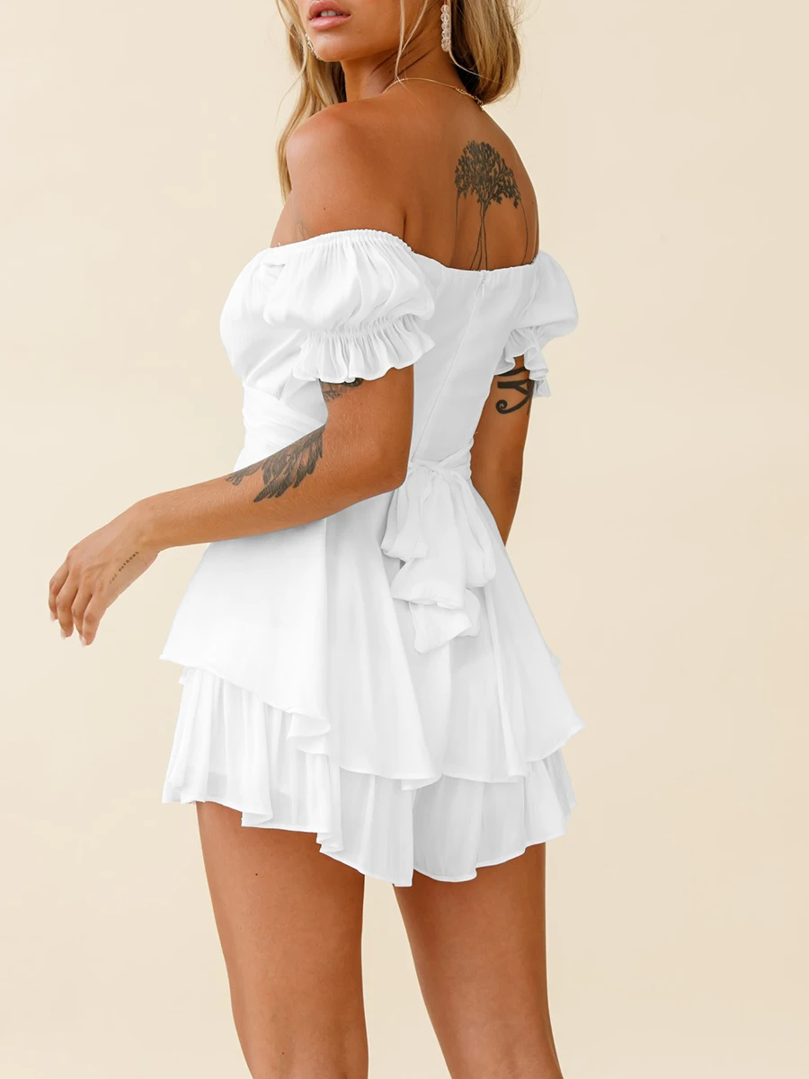 Women Off the Shoulder Ruffle Short Jumpsuit Summer Layered Short Sleeve Romper Wide-leg Pants with Lace-up Back Playsuits