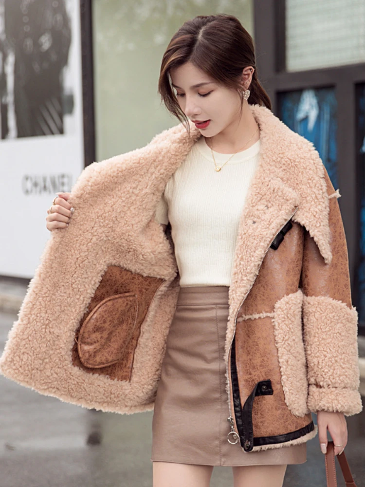 2023 Winter Jacket All Wool Sheep Shearing Fur Coat Loose Thick Grain Fleece Warm Women Fashion Luxury Outerwear Streetwear