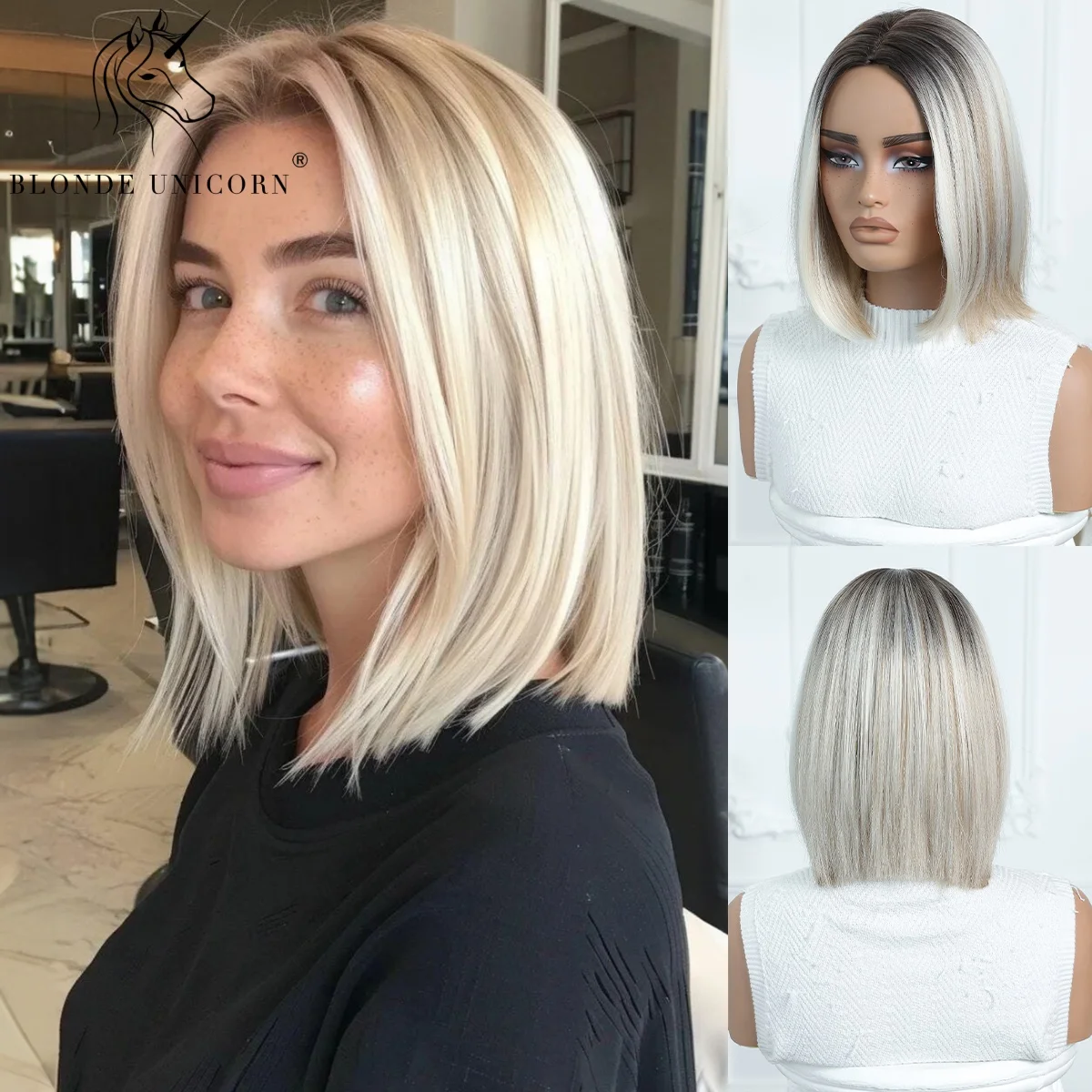 

Синтетический парик Blonde Unicorn, короткий прямой боб, омбре, блонд и серый, модный парик для женщин, для повседневной носки и косплея