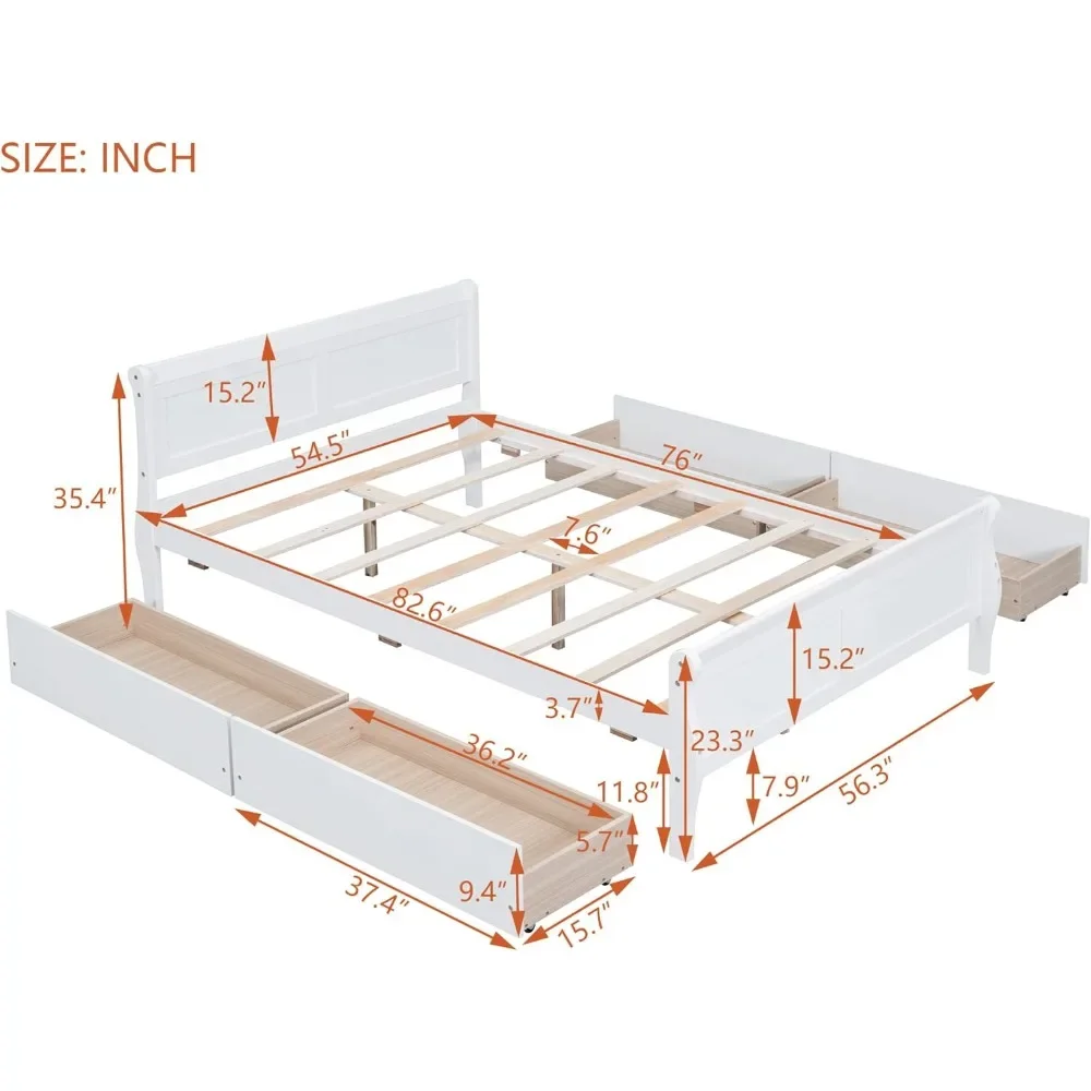 Full Size Bedstead Wooden Headboard and Tailboard 4 Storage Drawers No Spring Mattress Wooden Batten Support White Furniture