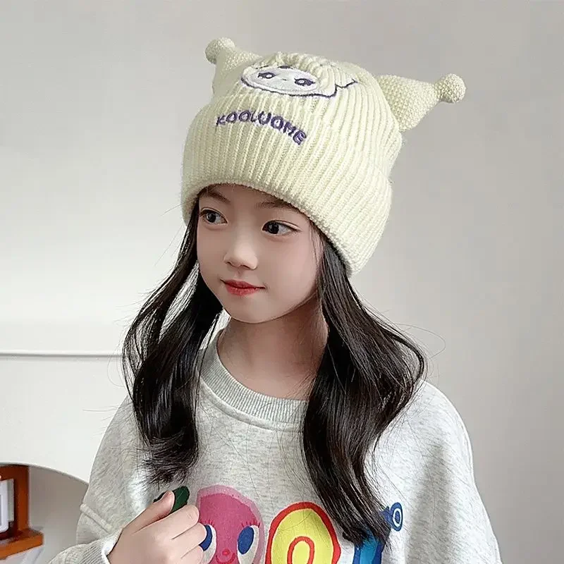 Sanrio Kuromi Children Hat Anime Kawaii Knitted Hats Y2K Cartoon Autumn Winter Warm Ear Protection Beanie Caps Christmas Gift