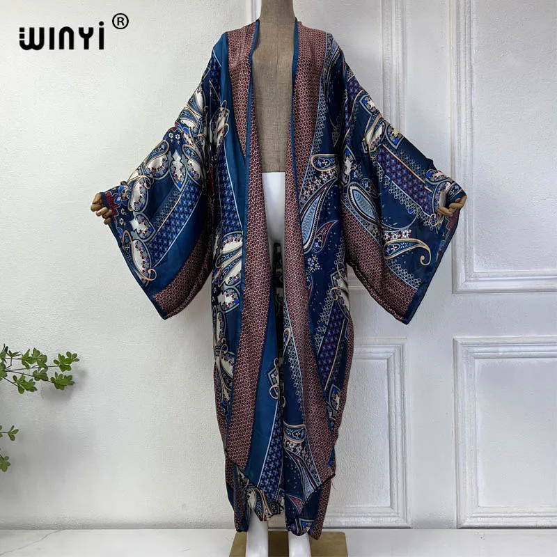 WINYI-Robe kimono imprimé style boho, en soie, pour femmes africaines, cardigan, sexy, élégant, pour les vacances, 2024