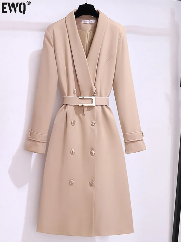 

[EWQ] Korea Chic Temperament V-neck Double Breasted Sweet Women Pink Blazer Dress 2024 Autumn New Office Ladies' Clothing GZ348