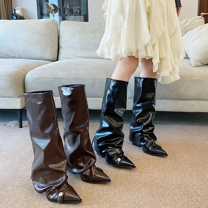 Women's Knee High Boots Shiny Patent Ruched Pointed Toe Fashion Boots for Women Fold Over Design Pants Boots Fall Winter Boot