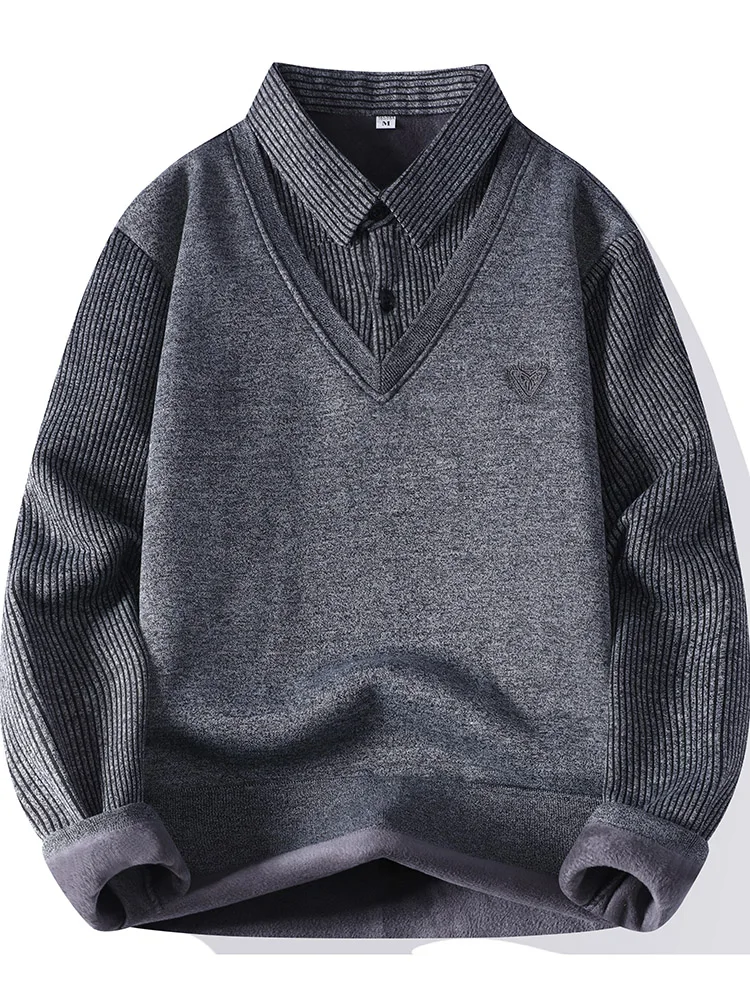 

Men's Thiened Fce Lined Knitted irt Casual Sle Inner Wear Winter Top with Fake Two-Piece Design And Collar