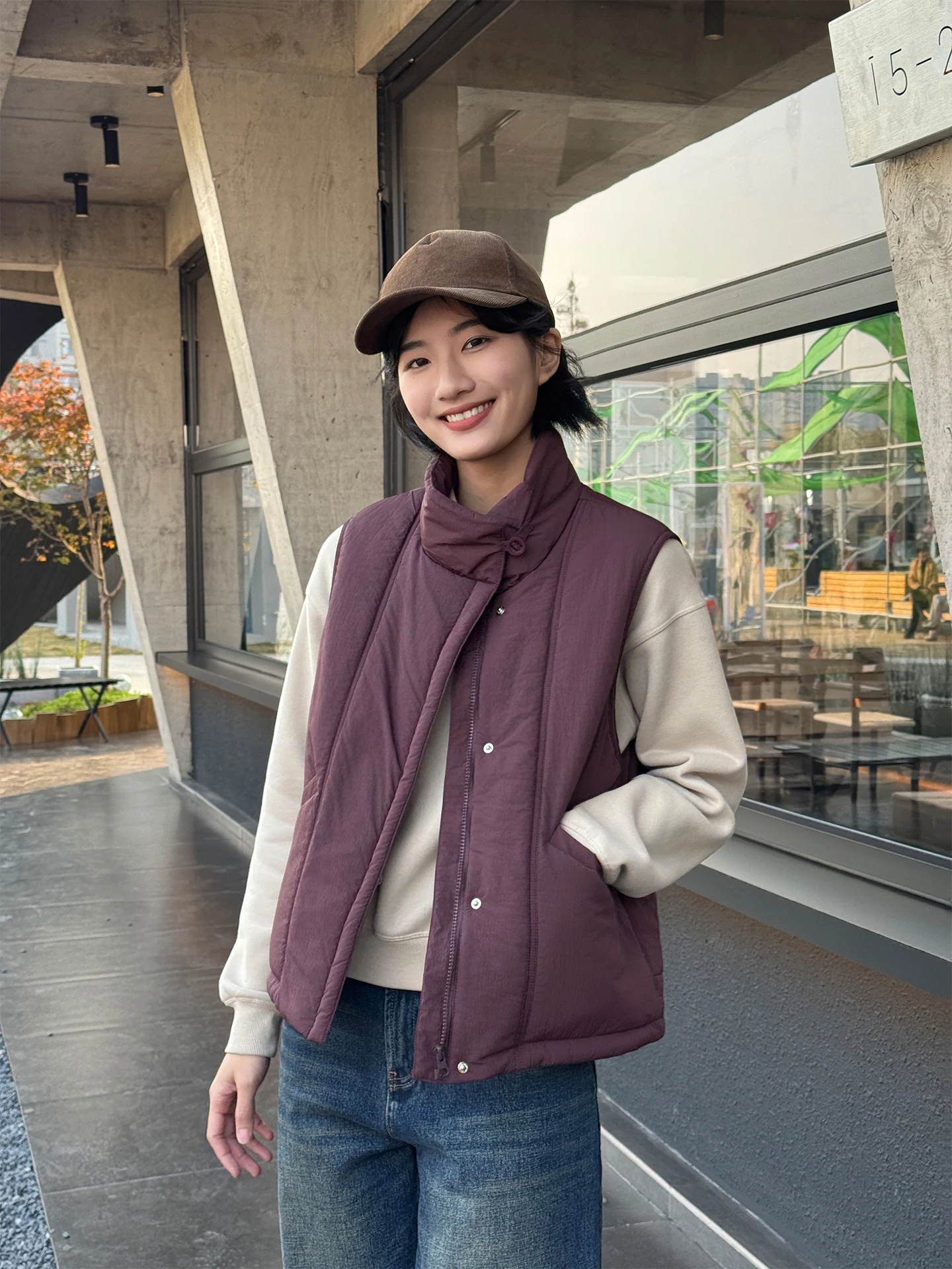 

Теплая многослойная хлопковая жилетка для женщин, верхняя одежда, зимняя, новая коллекция 2026, фиолетовая, Langqing Tong, с воротником-стойкой, приталенный крой