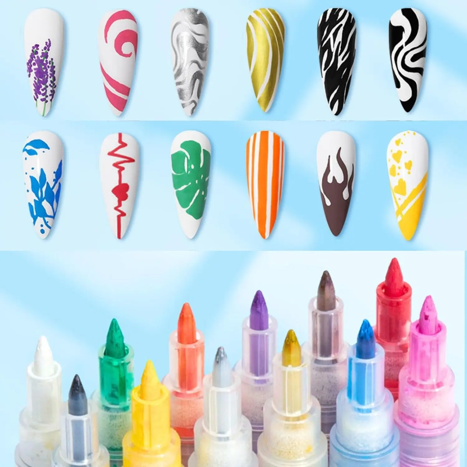 12 Colors Nail Art Graffiti Pen Waterproof Drawing Marker Pen Set Wave Stripe Abstract Lines Manicure Supplies Tool
