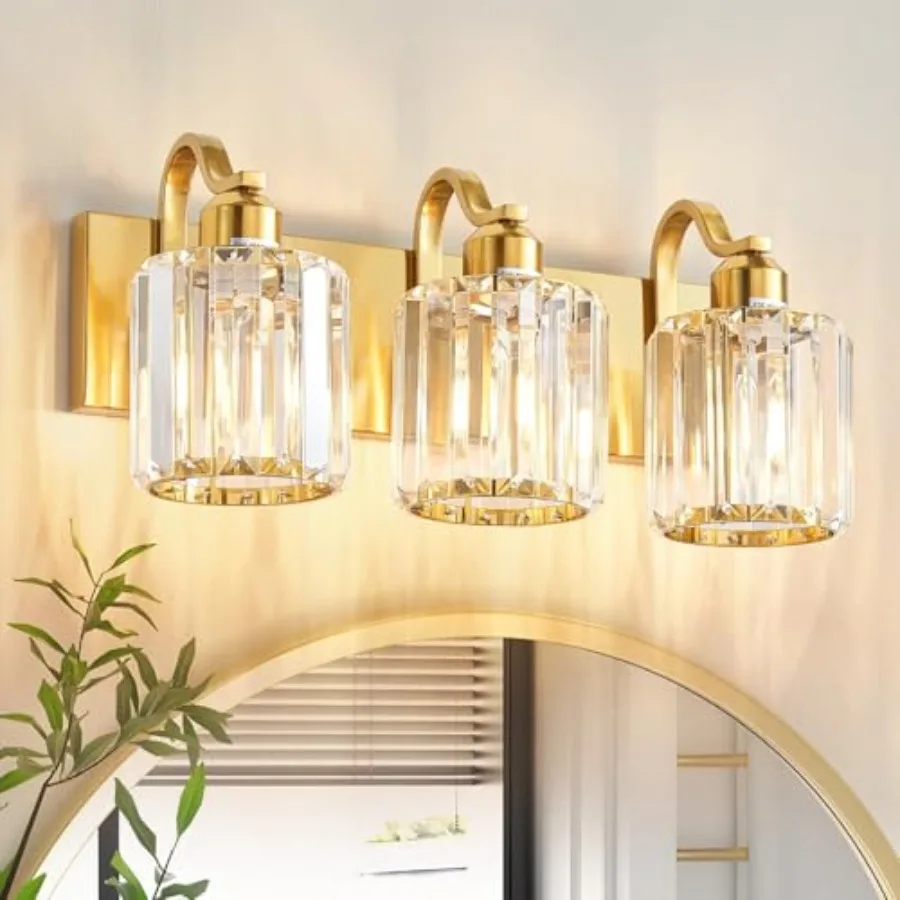 

3-Light Gold Bathroom Light FixturesModern Bathroom Vanity Lights Fixture with Clear Crystal Glass Shade Modern Crystal 3 Light