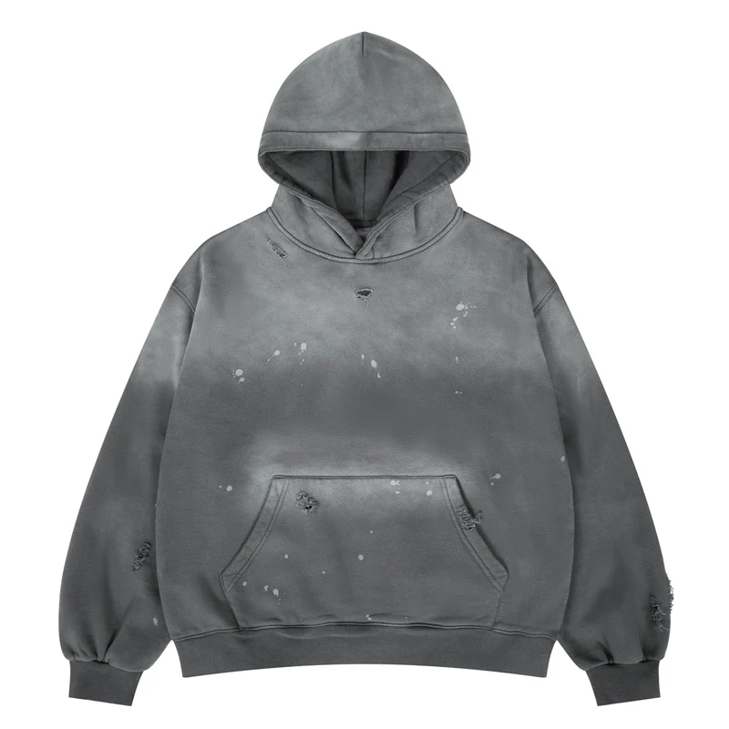 

Solid Color Washed Hole Damaged Splashed Ink Fleece Hoodie Winter Men Women Kanye West America Streetwear Pullovers Sweatshirts