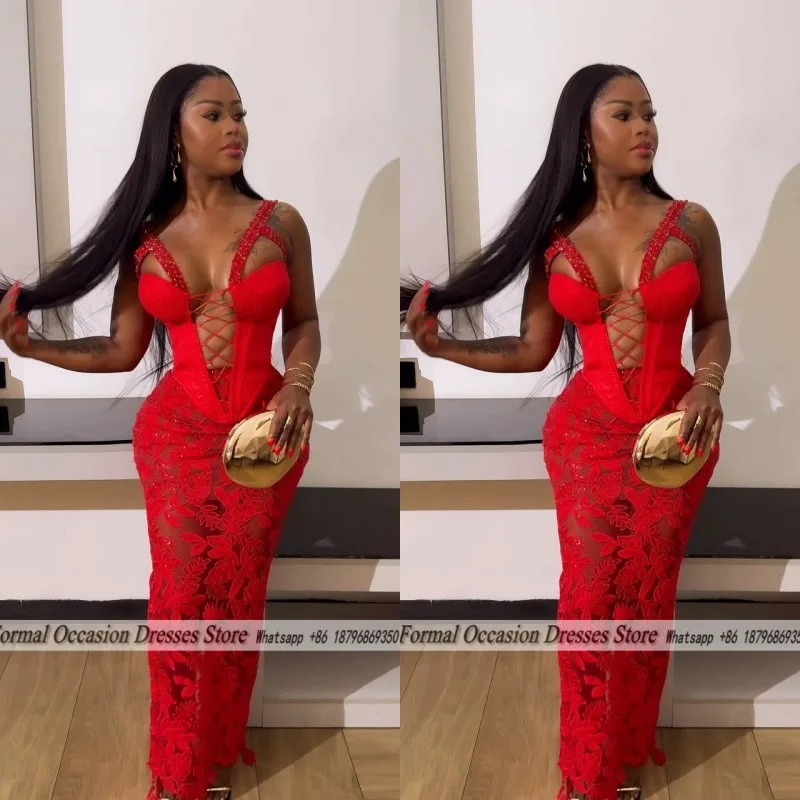 Sexy See Through Prom Dresses Corset Spaghetti Straps Lace African Mermaid Prom Gowns Elegant Women Party Gowns Customized