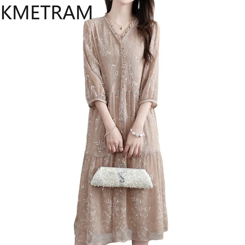 

KMETRAM Mulberry Silk Embroidery Dresses for Women 2024 Summer French Gentle Style V-neck Dress Medium and Long Loose Skirt