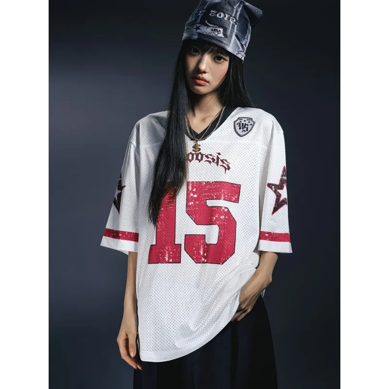 

American Street Trendy Ice Hockey T-shirt V-neck Loose Mesh Digital Printed tee Loose Hip Hop clothing Summer Women's Sports Top