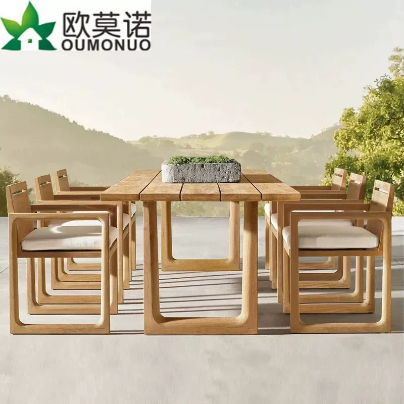 Outdoor Teak Wood Dining Set Rattan Chairs Solid Wood Table Garden Patio Furniture for Villa Courtyard Restaurant Terrace