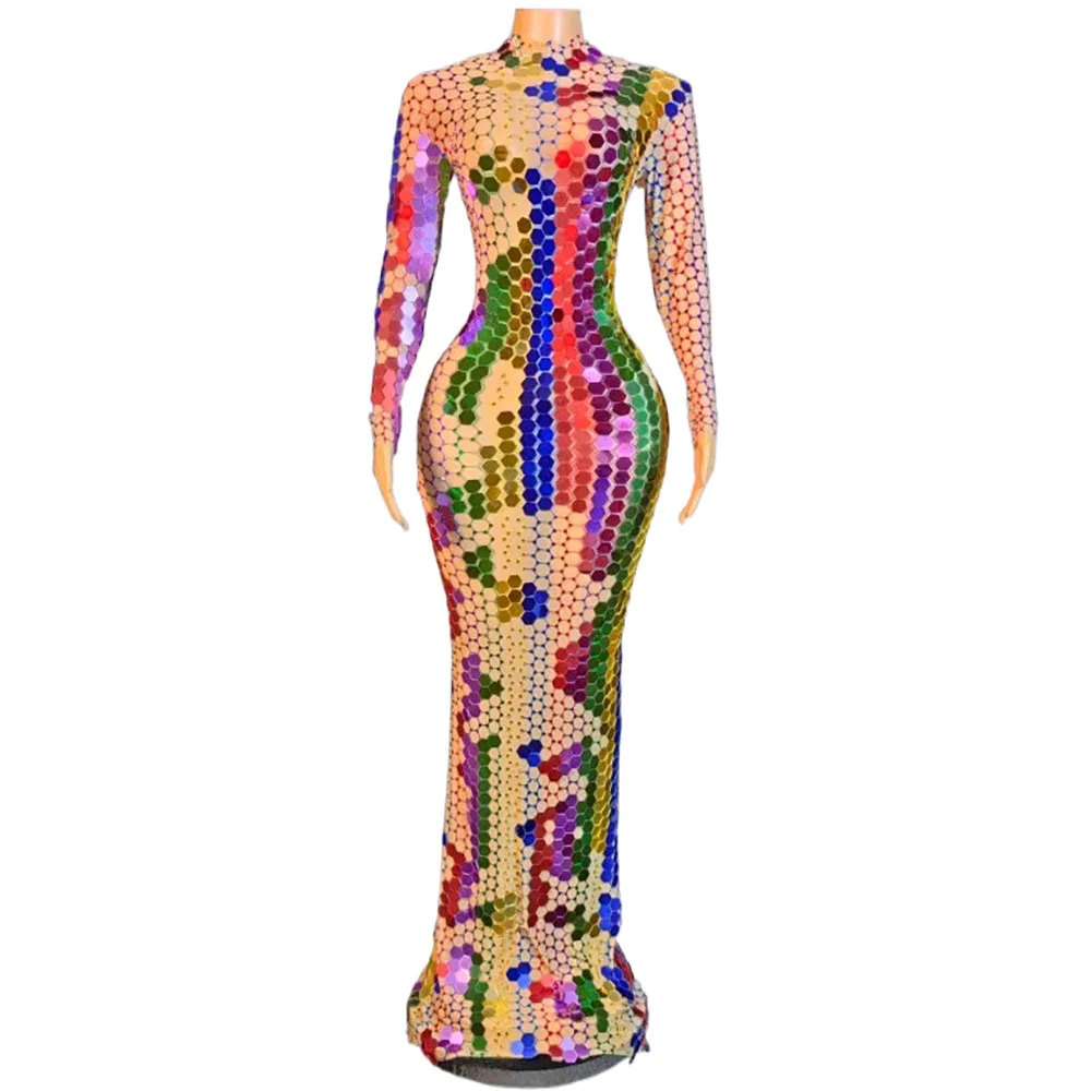 

Five-color European and American Party Model Mesh Elastic Color Lens Rhinestone Wrapped Hip Long Dress Performance Dress Girl