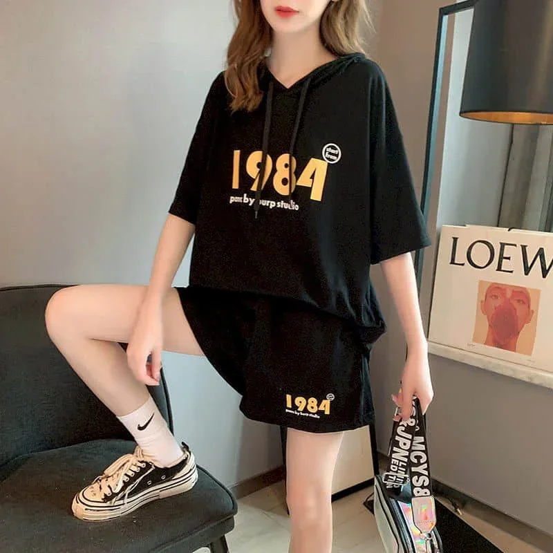 

Pop Sporty Shorts Sets Half Sleeve T-shirt 2 Piece Sets Women Outfits Summer Sportswear Suit Loose Korean Style New In Matching