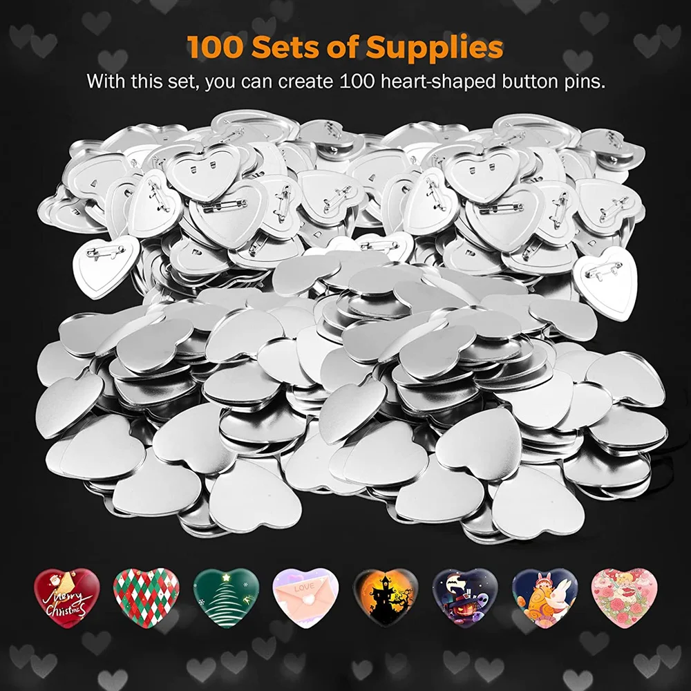 57MM Heart-Shape Badge Button Maker Machine with 100 Button Parts+Cutting Board+Mold, DIY Pin Button Press Badges Maker Machine 5