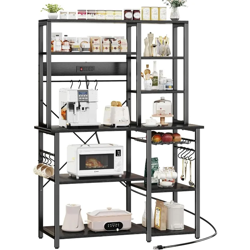 Large Bakers Rack with Power Outlets, 6-Tier Microwave Stand, Coffee Bar with 12 S-Shaped Hooks, Kitchen Shelf with Wire Basket