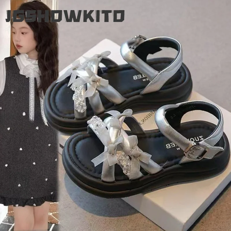 JGSHOWKITO Elegant Kids Princess Sandals Summer Girls Rhinestone Sandals Wedding Party Open-toe Children's Causal Shoes with Bow