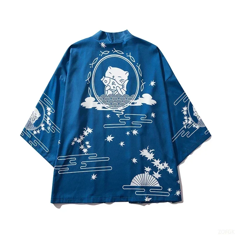 Japanese Cat Print Kimono Men's Thin Kimono Japanese Street Wear Blue Casual Kimono Cardigan
