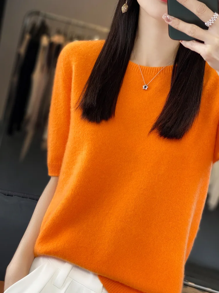 Fashion 100% Merino Wool Women Tops Knitwear Sweater O-Neck Half Sleeve Cashmere Pullover Spring Autumn Clothing Jumper Soft