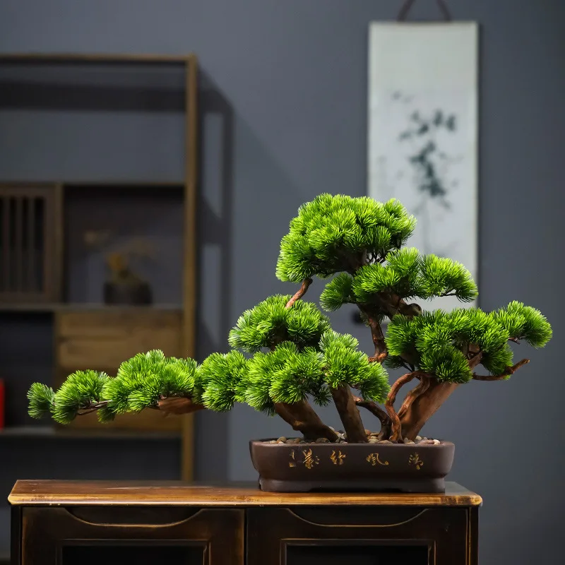 

New Chinese-style simulated welcome pine bonsai porch cliff cypress pine ornaments living room decoration fake tree high Arhat
