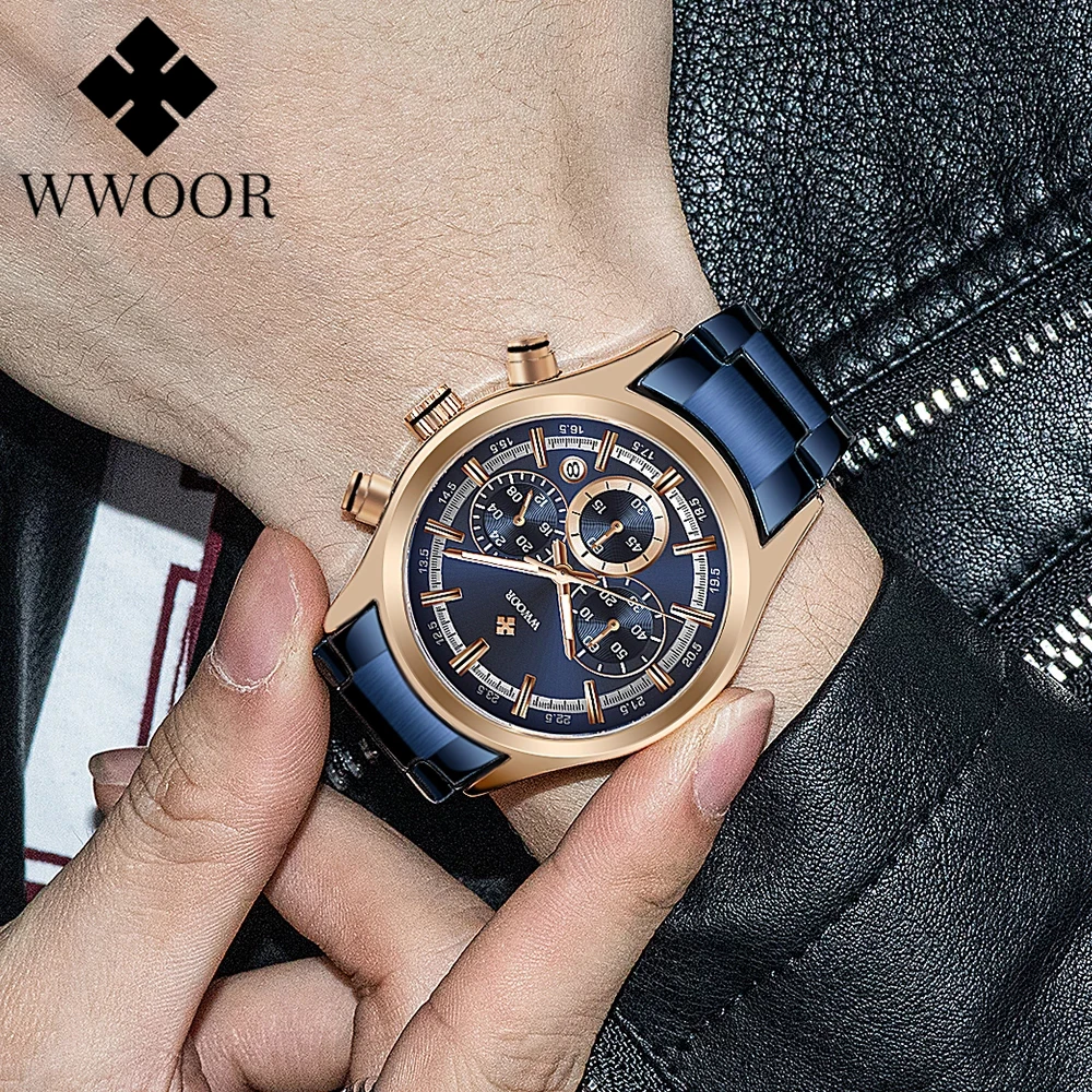 

WWOOR Luxury New Brand Men Watch Sport Military Waterproof Chronograph Clock Stainless Steel Quartz Wristwatch Male Montre Homme