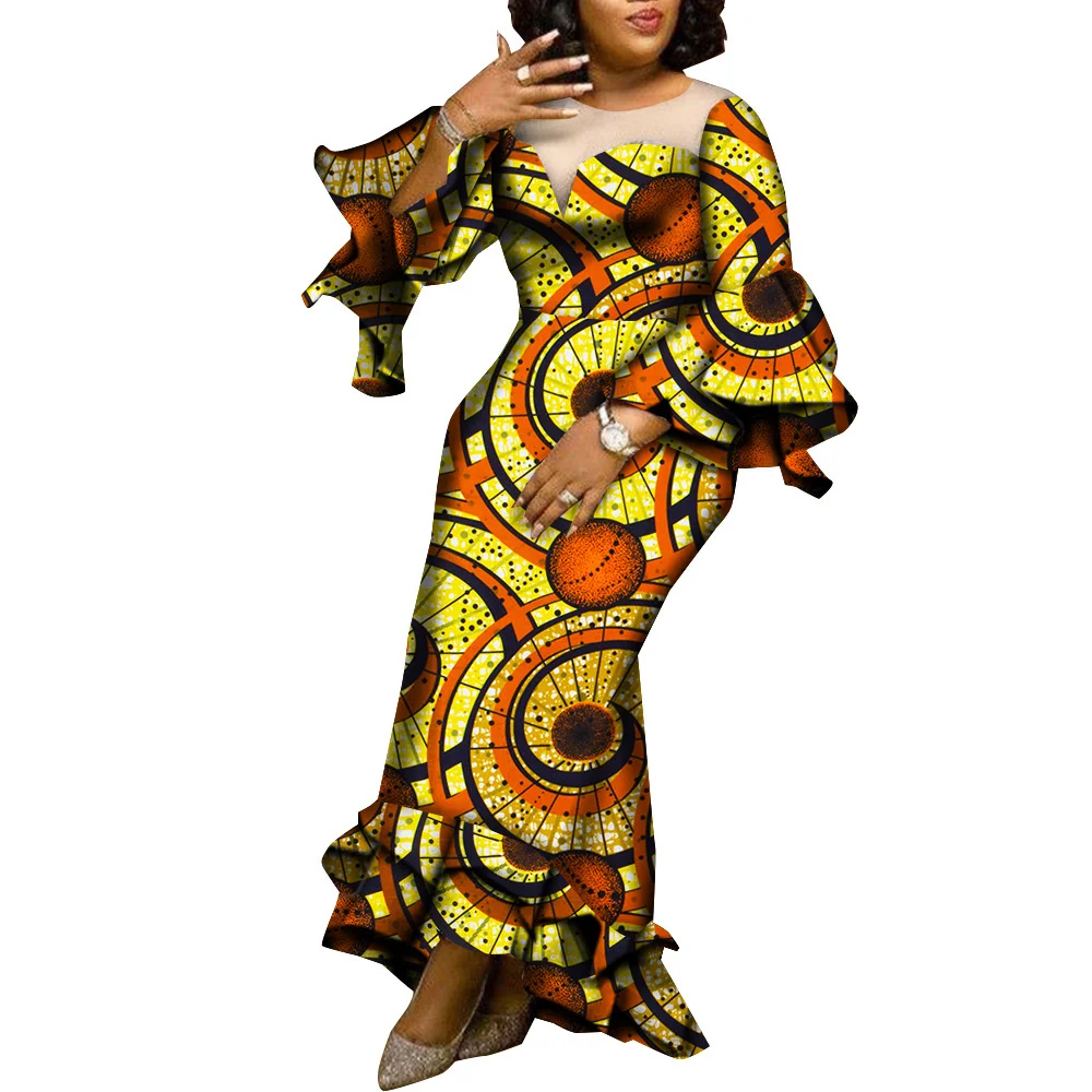 

SALE! New Long Sleeve African Women Dresses Ankara Print Dashiki Party Wedding Wax Batik African Long Dress for Women Yarn Neck