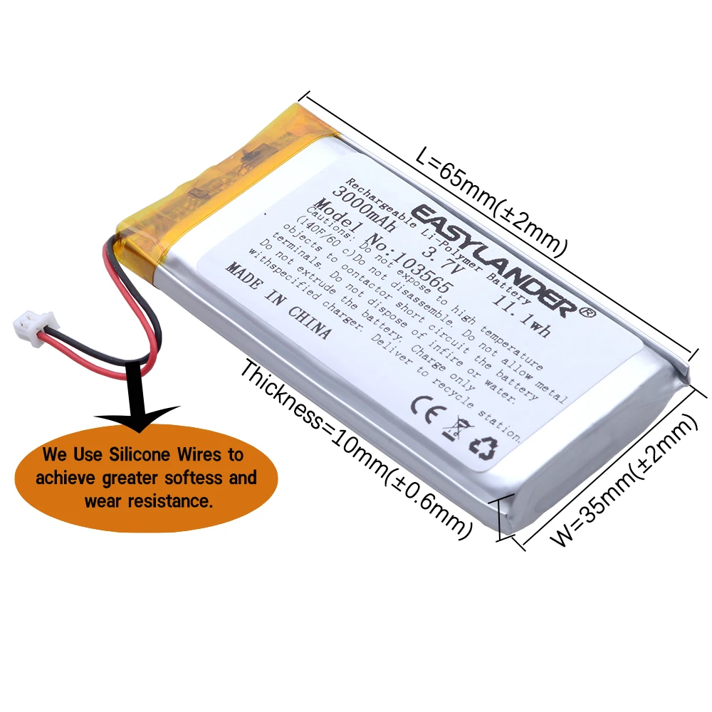 JST1.25Plug  PH 2.0 2Wire 3.7V 3000mAh 103665 103565 Lithium Li-Polymer Li-ion Battery For Console Miyoo Mini Plus Game Machine
