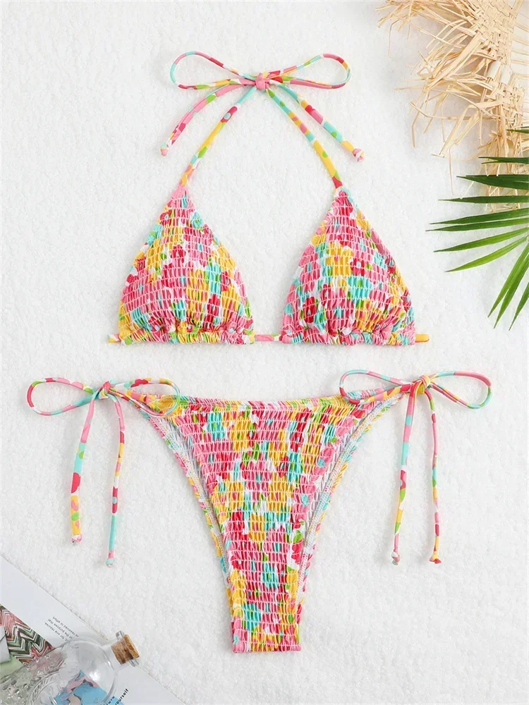 

Sexy Micro Bikini 2025 Women Pink Floral Print Pleate Tie Side Triangle Swimsuit Brazilian Halter Push Up Bathing Suit Swimwear