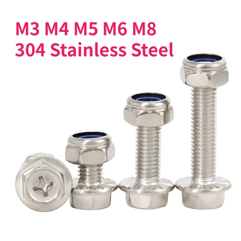 M3 M4 M5 M6 M8 304 Stainless Steel Metric Thread Phillips Flange Bolts External Hex Hexagon Screws Nylon Insert Lock Nut Set