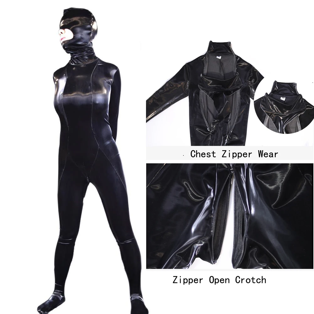 3Pcs/Set Zentai Straitjacket PU Latex Faux Leather Jumpsuit Zipper Open Crotch Chest Piece Pants Bodysuit Fashion Show Jump Suit