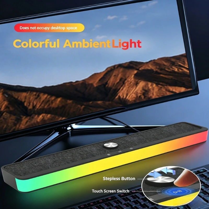 Wireless Desk Speaker with Light Bar, 5.3 Connection, USB Drive Support, Rechargeable Soundbar Unit for TV Use, Play 896C