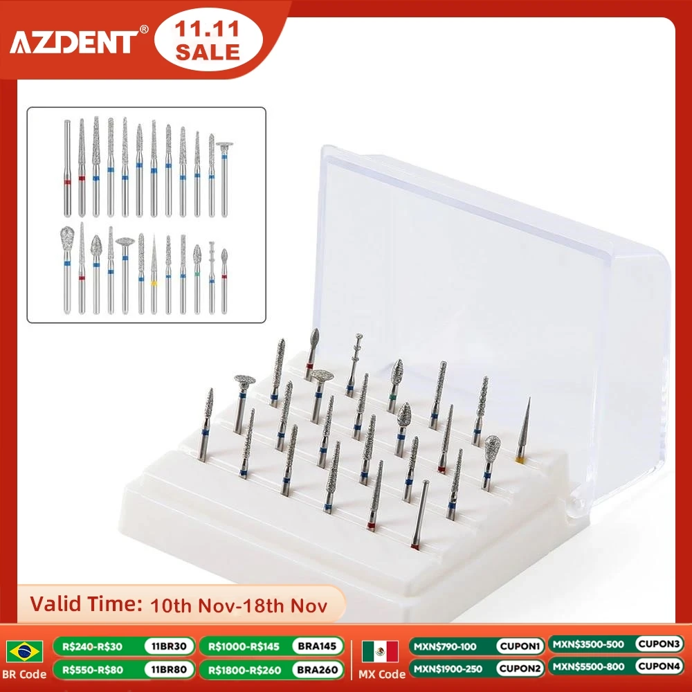 24pcs/Box Dental Diamond Burs Set FG 1.6mm AZDENT Bur Polishing for High Speed Handpiece with Box Holder Dentistry Lab Tool