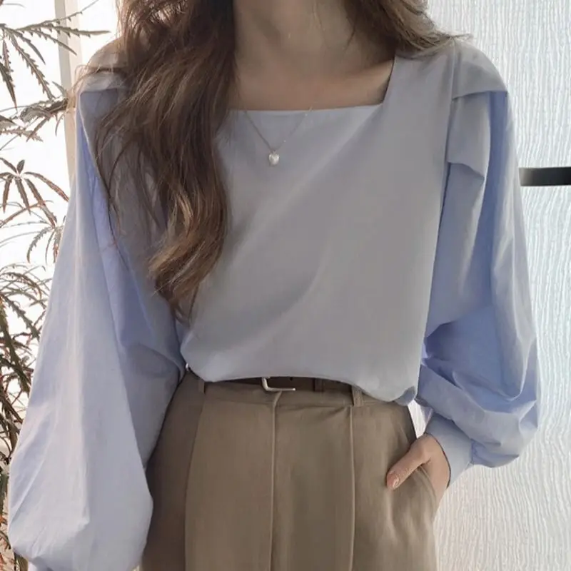 

Nice Femme Spring Summer Casual Fashion Solid Color Square Collar Women Shirts Simplicity All-match Vintage Cotton Long Sleeve T