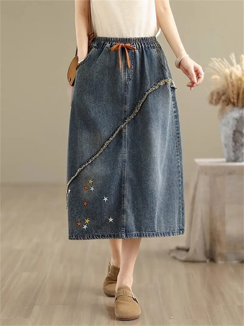 

Винтажная женская летняя джинсовая юбка с художественной вышивкой и завязками, трапециевидный дизайн с перекрестными накладками, повседневная юбка свободного покроя G813