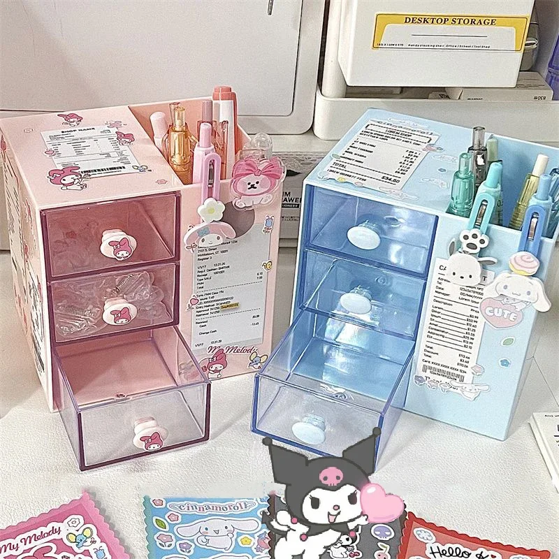 Kawaii Sanrio Kuromi Pen Holder Hello Kitty My Melody Cinnamoroll Girl Cartoon Large Capacity Desktop Stationery Storage Box