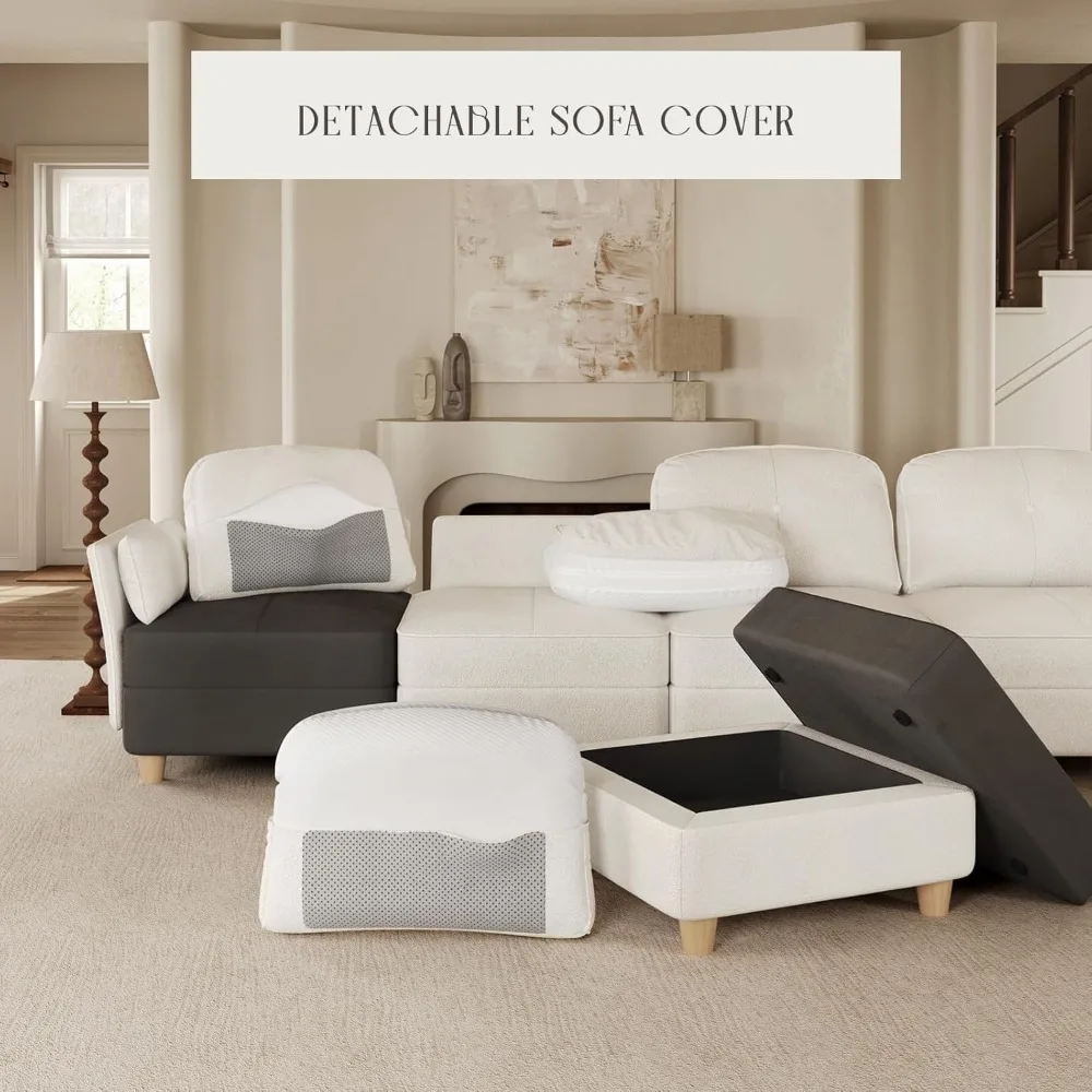 Segmented L-shaped modular sofa with storage, corner cloud sofa with chaise longue, 141" wide, 8-seater sofa, velvet image 5