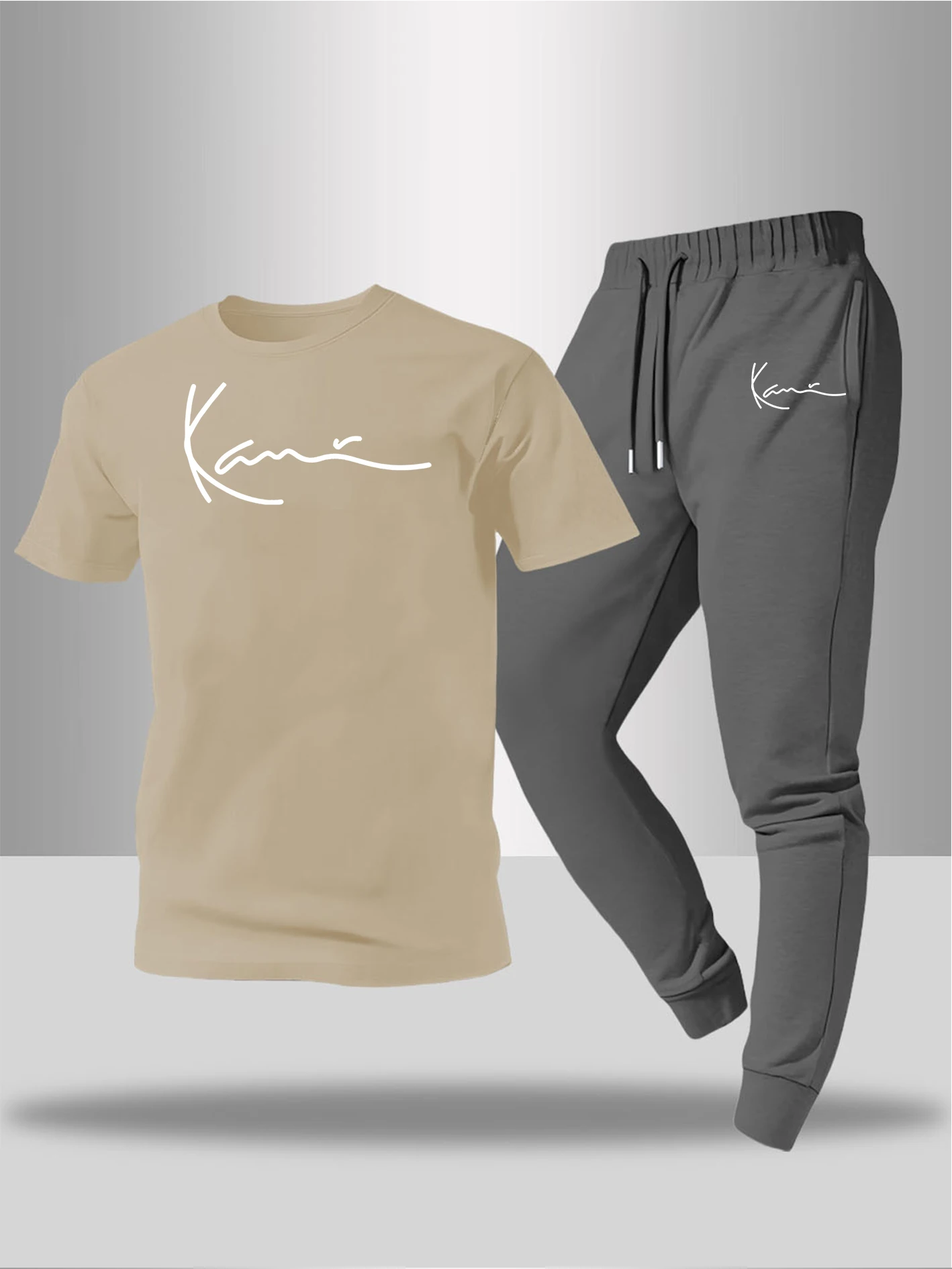 

Men'S Crew Neck T-Shirt And Jogger Pants 2pcs Outfit, Bold Modern EA Logo, Ideal for Daily And Outdoor Activities