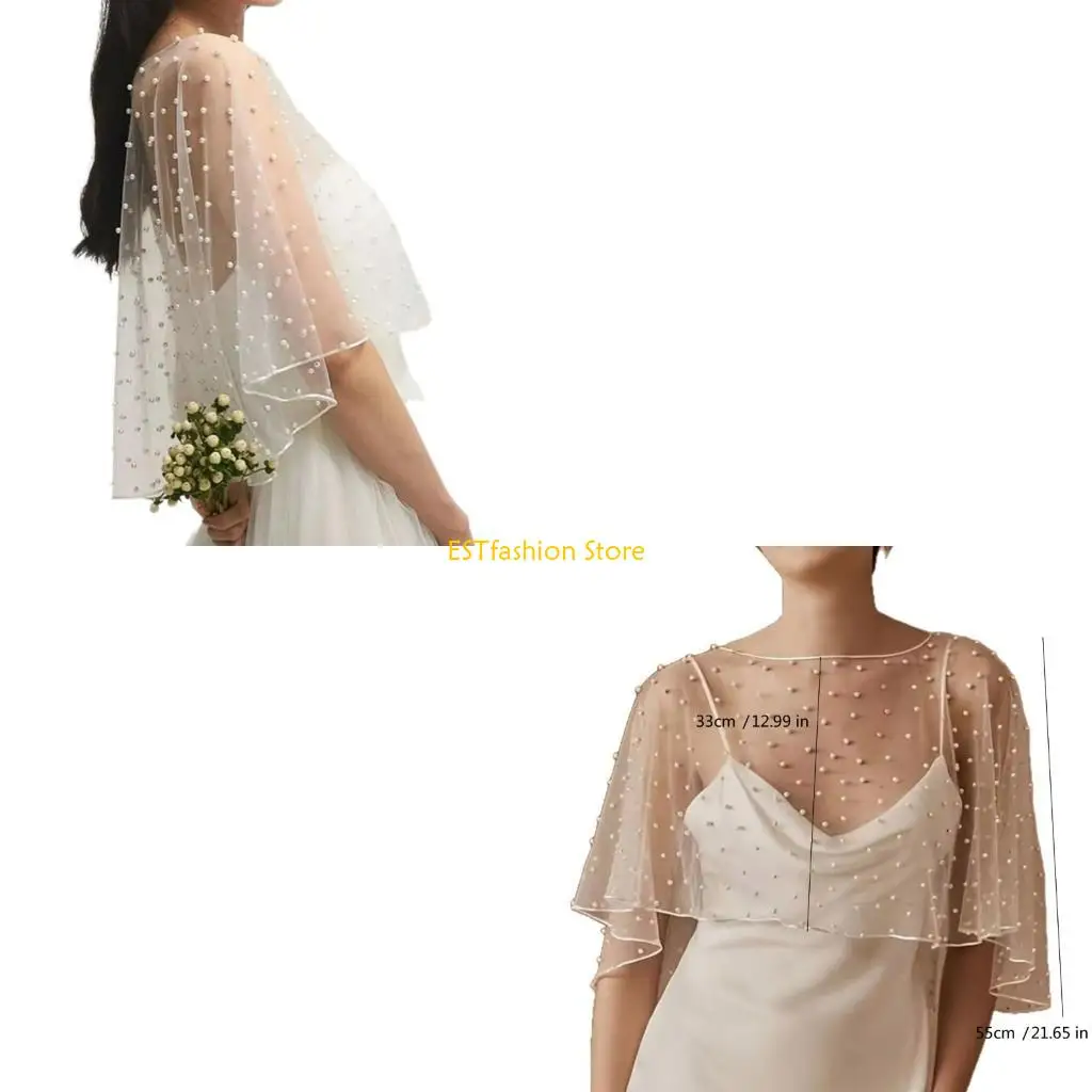 

Y5GC Elegant Pearls Embellished Tulle Shawl for Bridesmaids and Wedding Guests