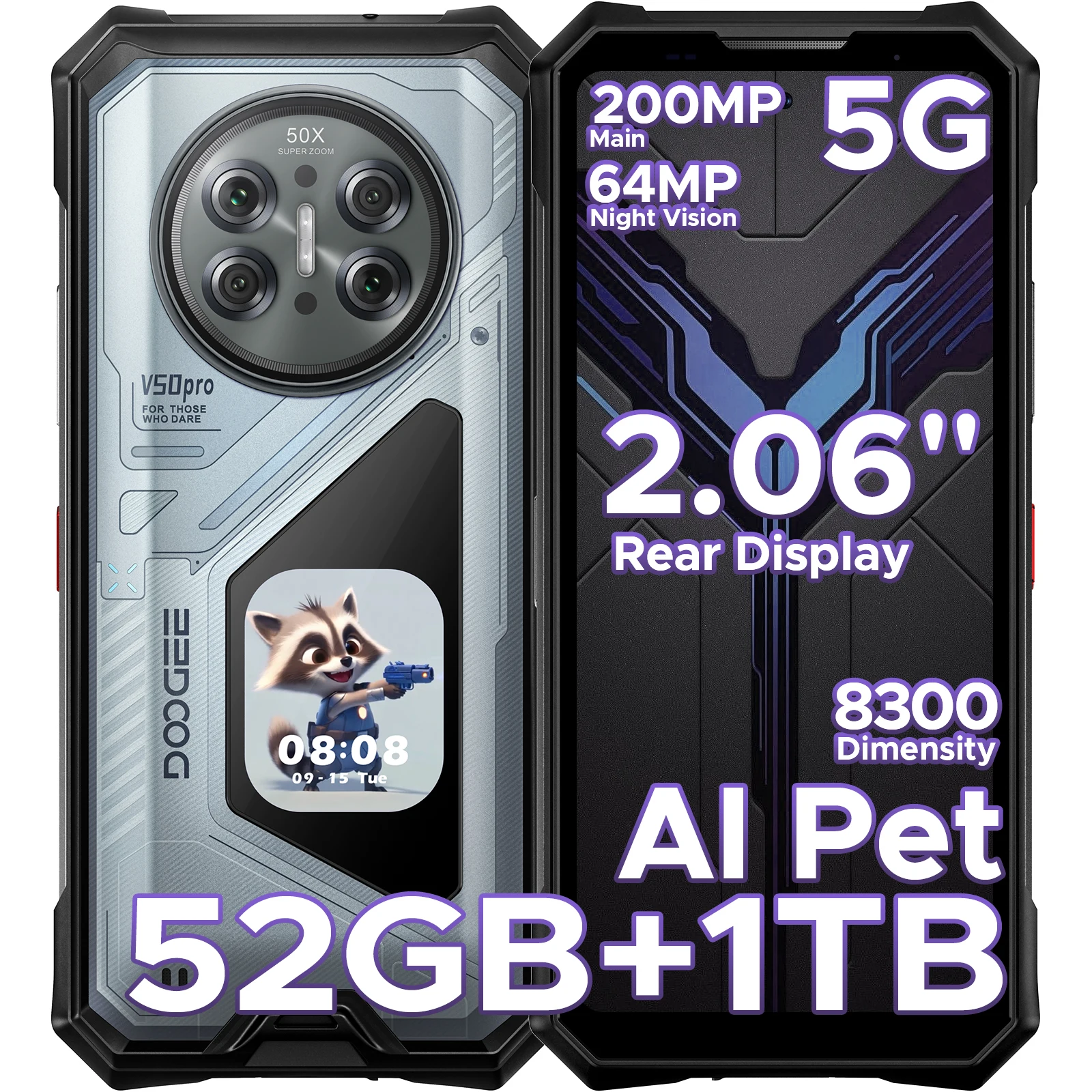 DOOGEE V50 Pro 5G robuuste telefoon 2.06” achterdisplay Dimensity 8300 11000mAh 6.78” 120Hz 512GB/1TB ROM Android 16 smartphone