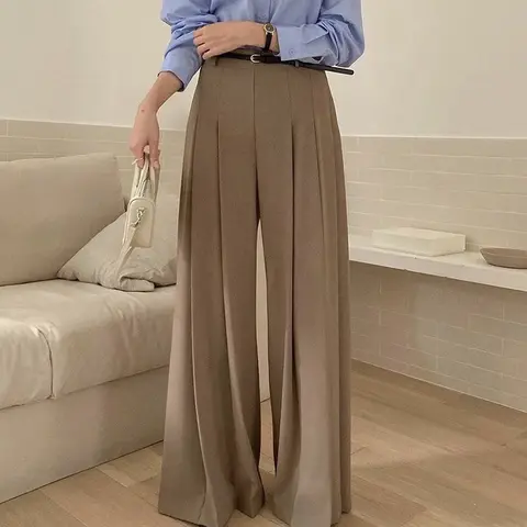 시크한 하이웨이스트 와이드 레그 수트 팬츠 여성 캐주얼 트라우저 우아한 플리츠 드레이핑 스트레이트 컷 롱 팬츠 심플 스타일