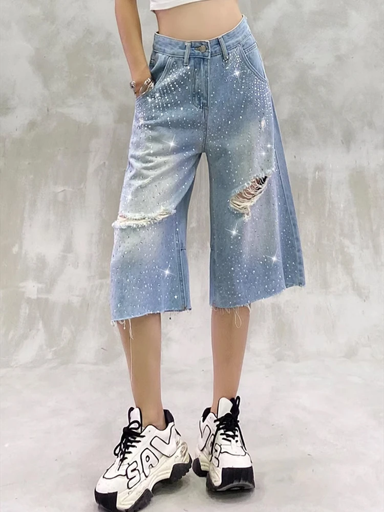 Pantaloni medi in denim con strass retrò stile americano da donna estate 2025 nuovi pantaloni larghi cinque quarti personalizzati da strada