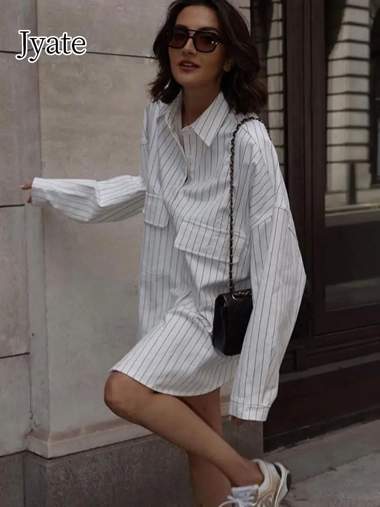 

Jyate 2023 Fashion Autumn Winter Women Oversized Striped Long Shirt White Long Sleeve Loose Fit Blouse Female