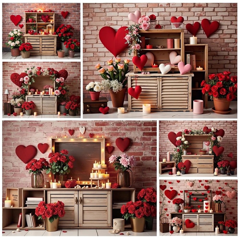 

MOON.QG Rustic Valentine's Day Interior Photography Background Heart Floral Brick Backdrop Wedding Couple Studio Accessories