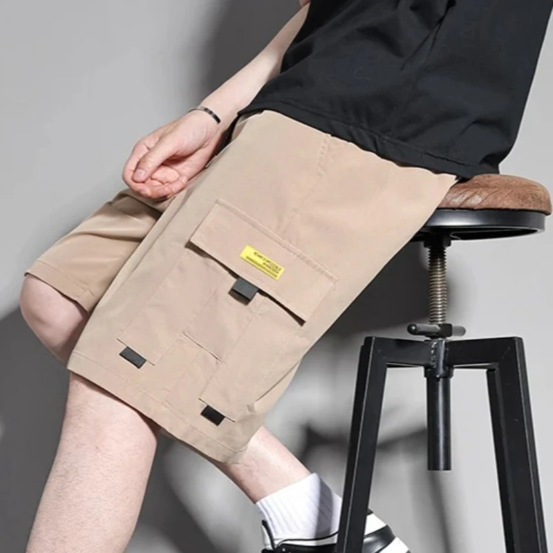Summer Men's Khaki Color Drawstring Cargo Shorts with Flap Pockets Casual Relaxed Athletic Fitness Training Multi-Pocket Bottoms