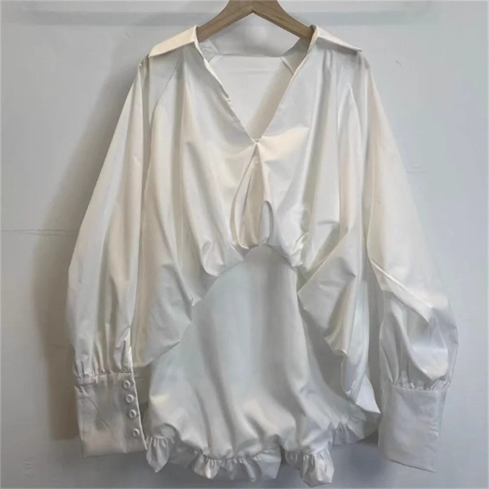 

White color Puffy Designer Shirts women Lapel Bat Long Sleeve Short Front Long Back Elastic Loose Shirt