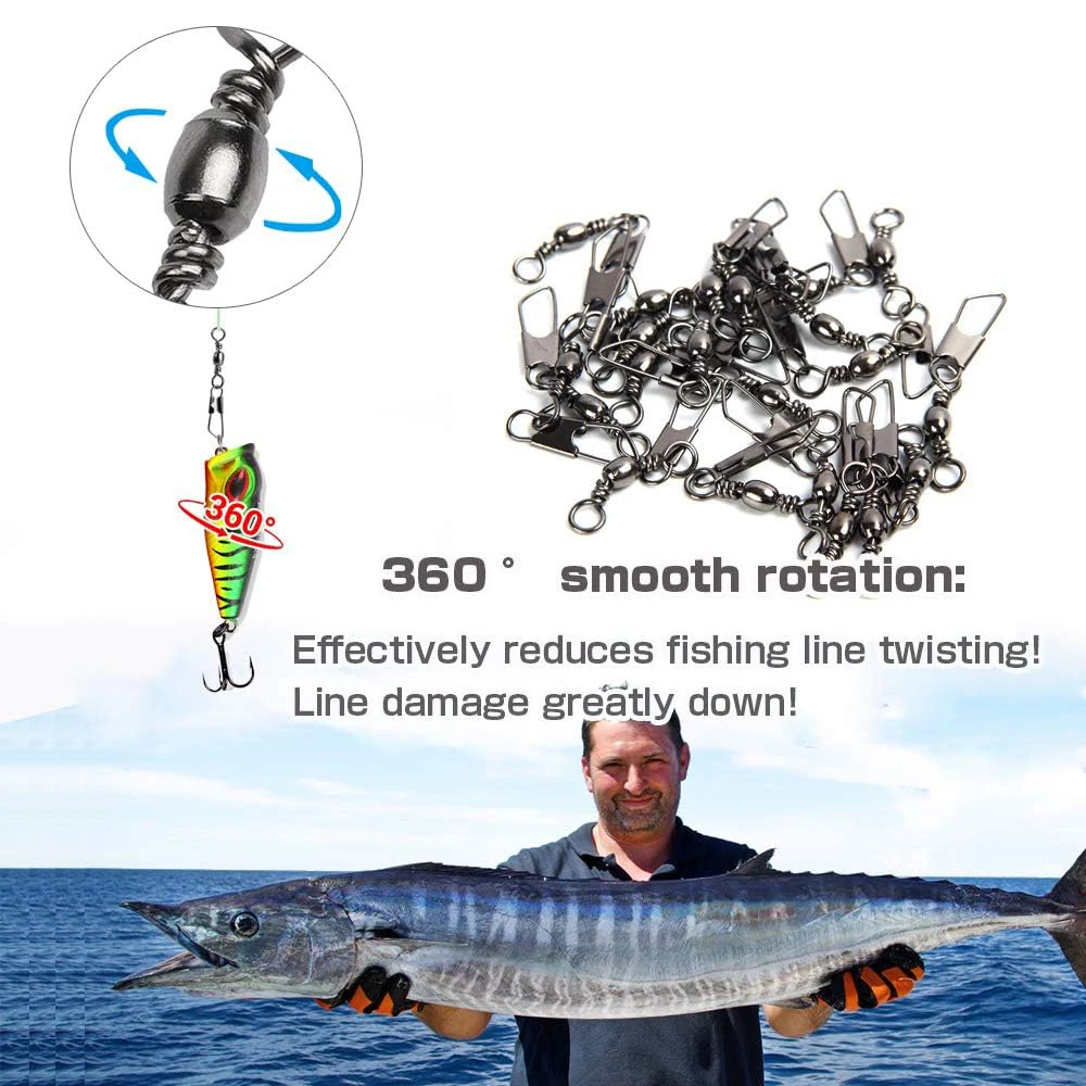 PRO BEROS 50Pcs Fishing Connector Pin Bearing Rolling Swivel Stainless Steel Snap Clips Fishhook Lure Baits Tackle Accessories